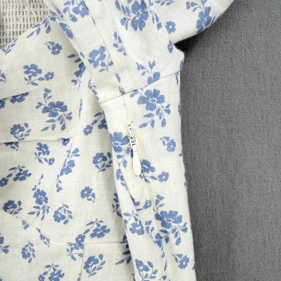 & OTHER STORIES Puff Sleeve Midi Dress Womens 8 White Blue Linen Floral Nap - Picture 8 of 16